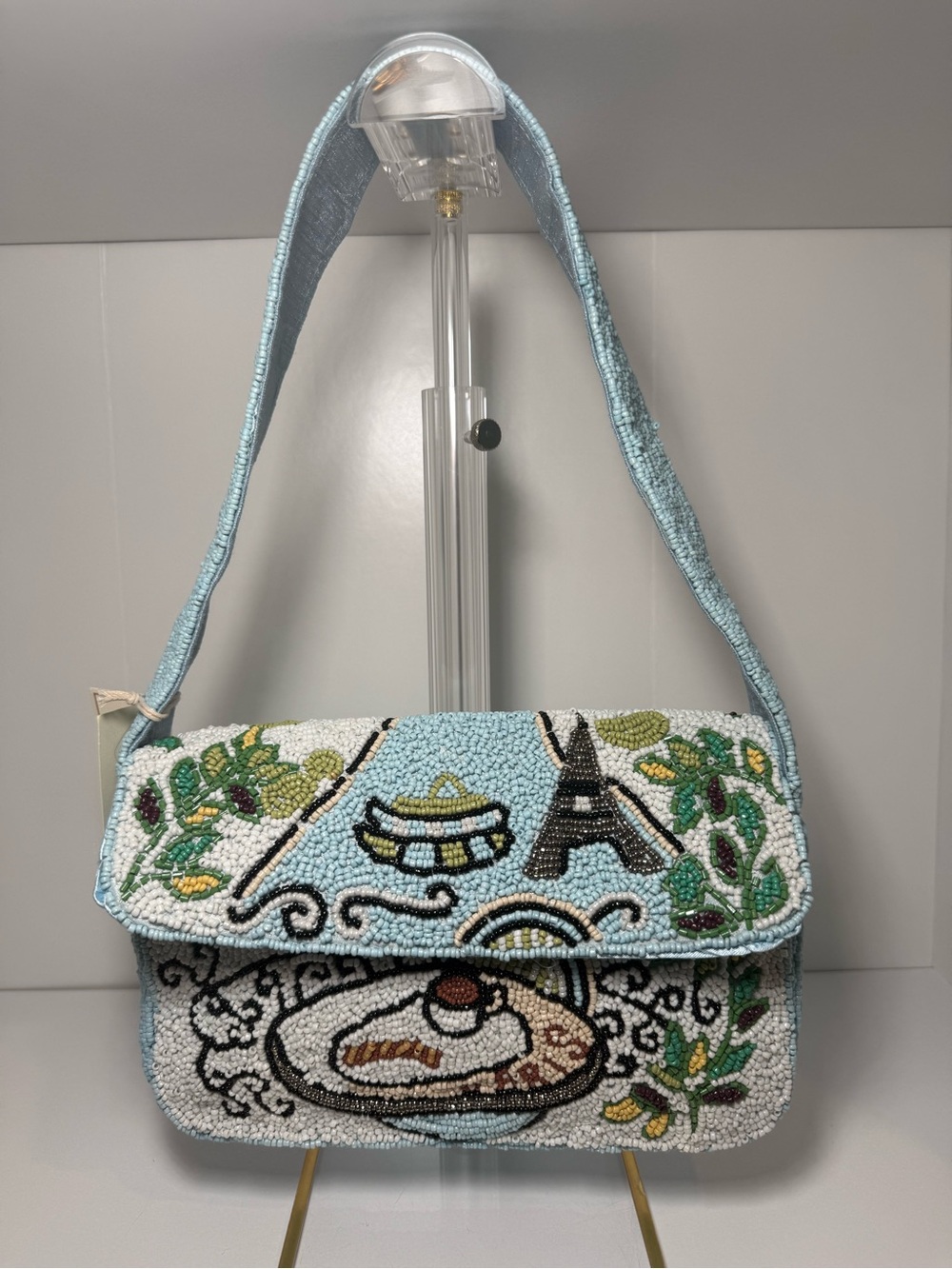 Light Blue Beaded Shoulder Bag with Paris Motifs